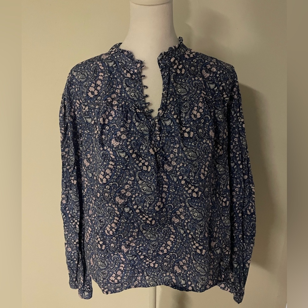 J. Crew liberty of London Navy and Light Pink Paisley Ruffle-Trim Blouse